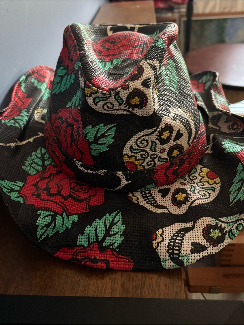 Peter Grimm Black Fedora with Red Rose & Sugar Skull Print